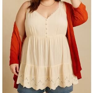 NWT Torrid 6X Eyelet Trim Gauze Babydoll Top Ivory Tiered Boho Cottagecore